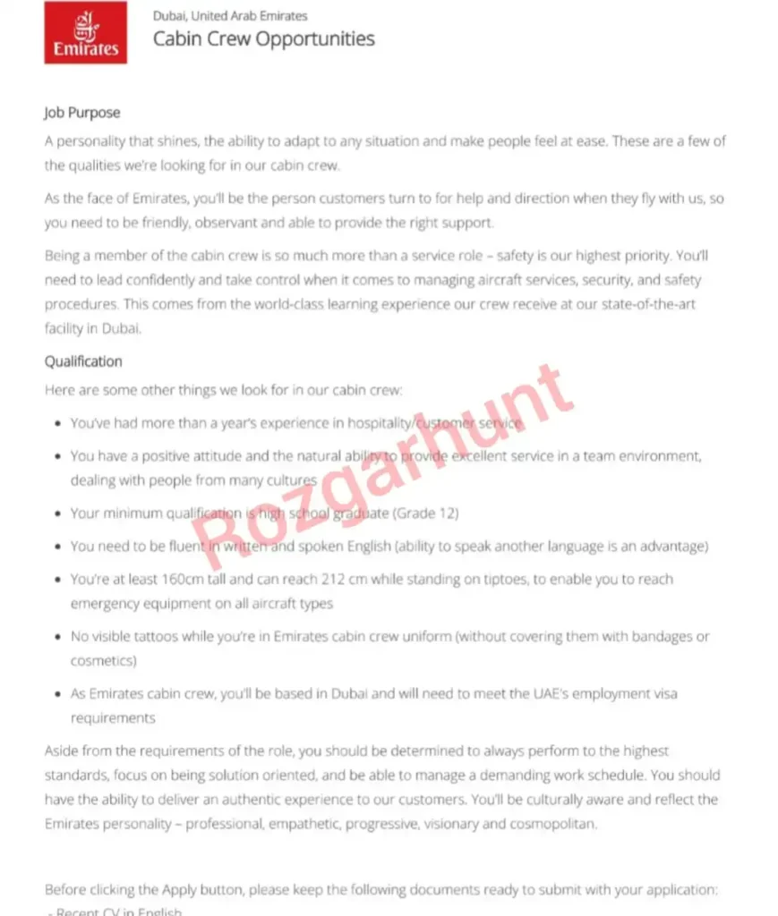 JOBS IN DUBAI FOR CREW MEMBERS IN EMIRATES AIRLINES